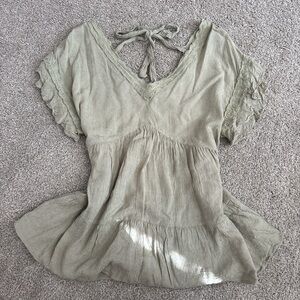 Miss Me Sage Green V-Neck Peasant Tunic with Tie Back